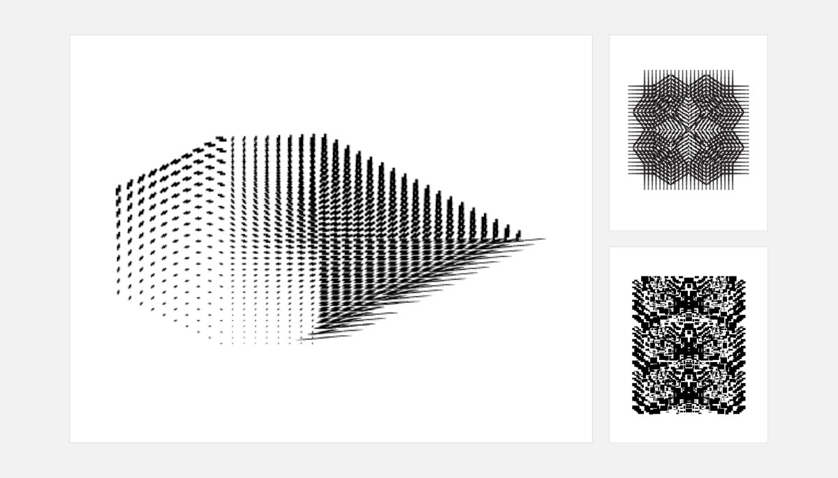 A unique symbol duplicated and altered to create three separate forms that resemble a stone arrow, a flower, and a cicada.